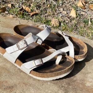 Birkenstock Mayari toe vegan leather slip on sandals white crisscross straps